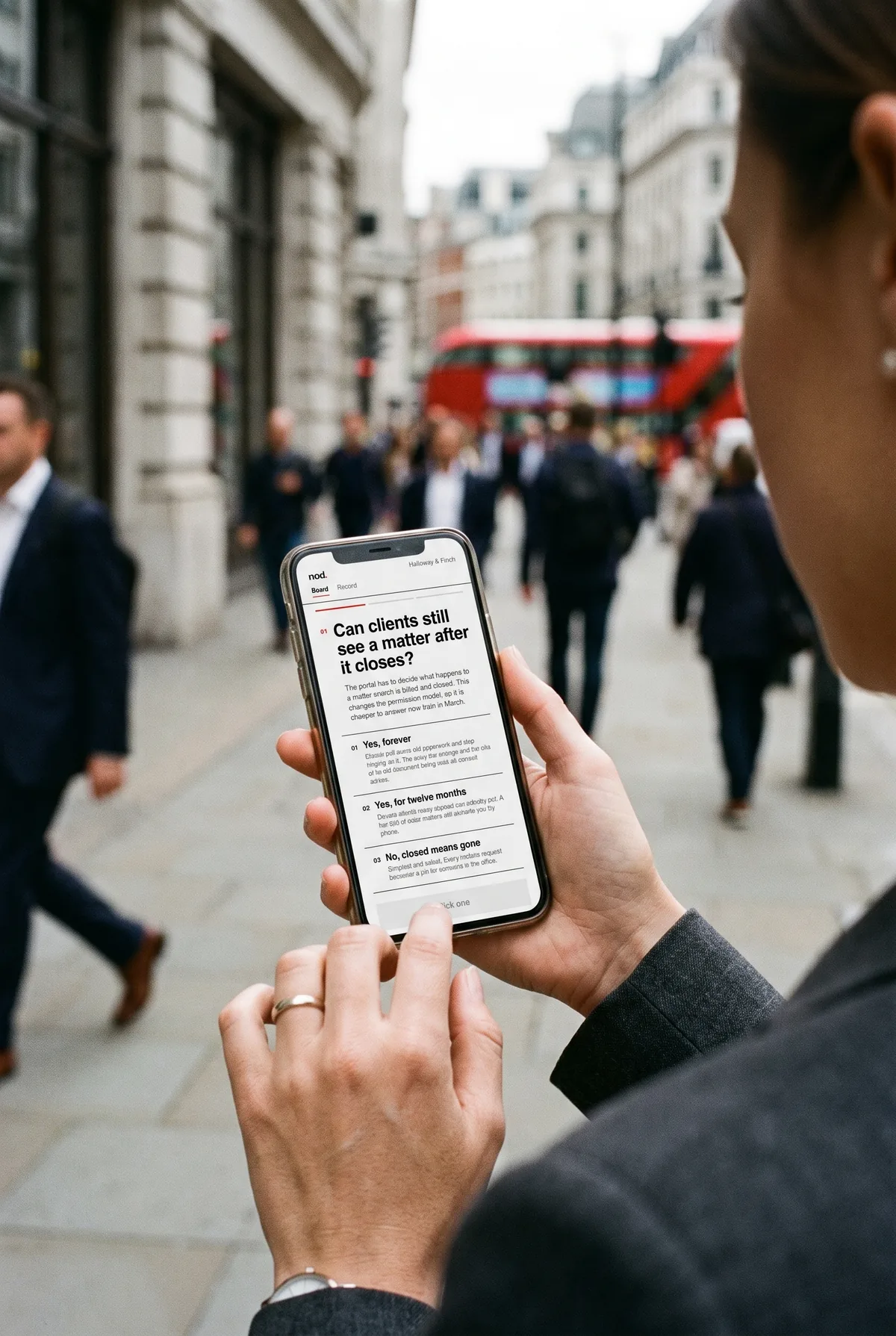Over the shoulder of a client holding her phone: one call at full height, a big black question and three answers with their costs