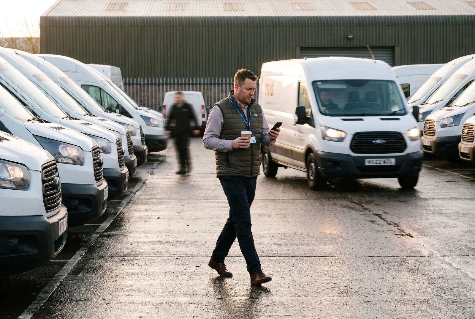 A fleet operations director crossing a depot forecourt of white vans, thumbing a reply on his phone